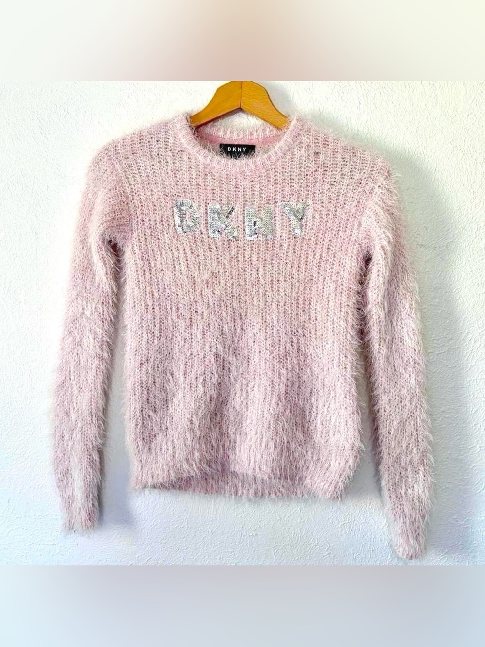 DKNY y2k baby pink silver sequin fuzzy logo sweater M